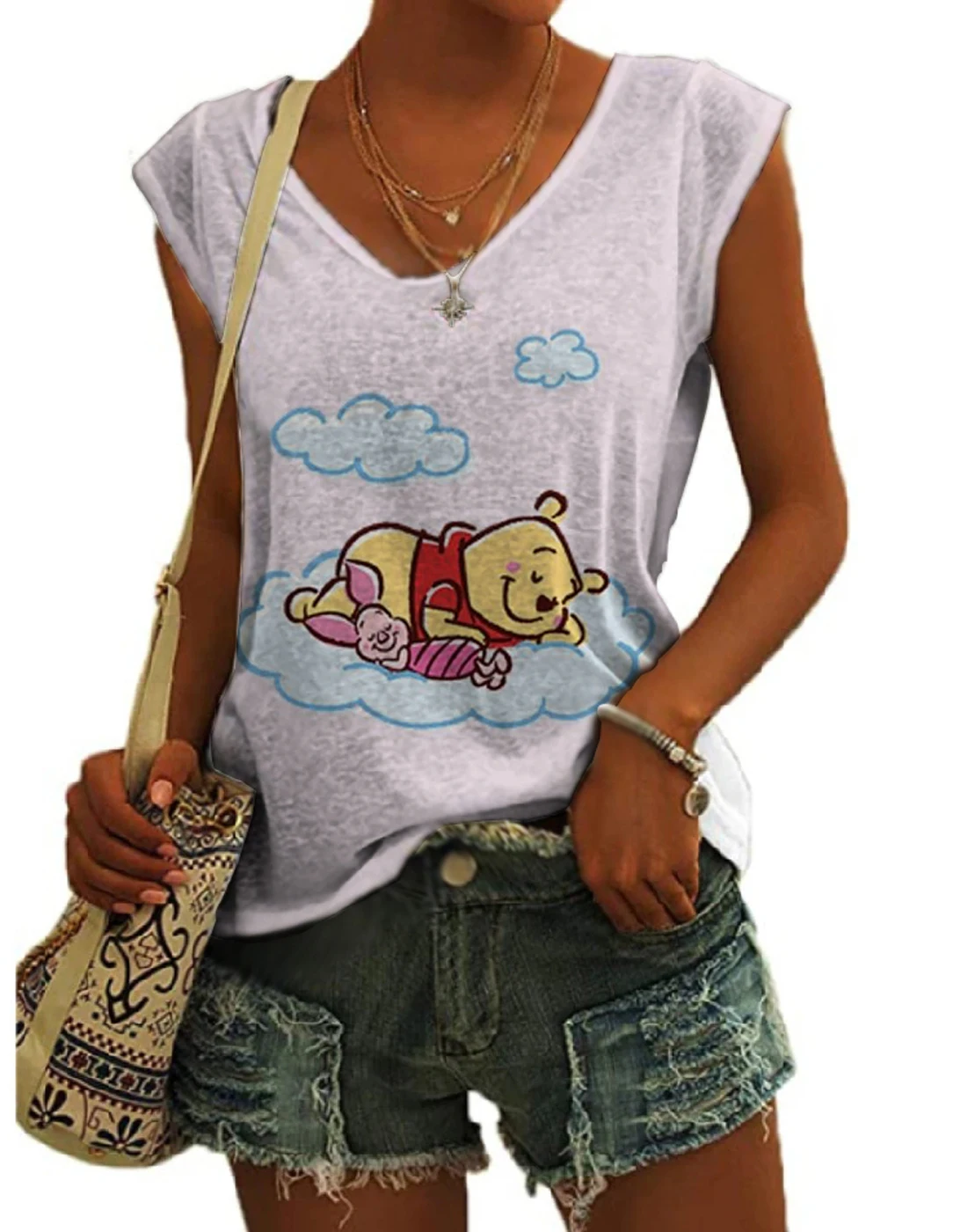 

2023 Ladies Street Summer New Winnie the Pooh Anime 3D Printing Disney Brand Cartoon Pattern V-neck Sleeveless Vest Y2K