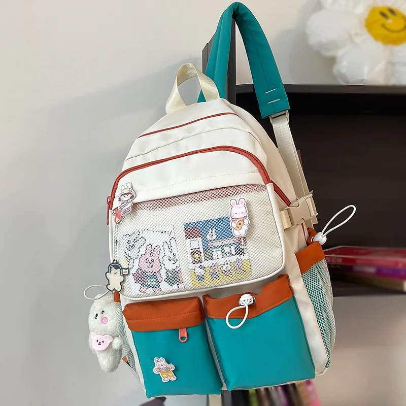 

Kawaii Multi-pocket Women Backpack Fashion Mesh Shoulder Travel Mochila Female Preppy Schoolbag Badge Bookbag Girls Cute