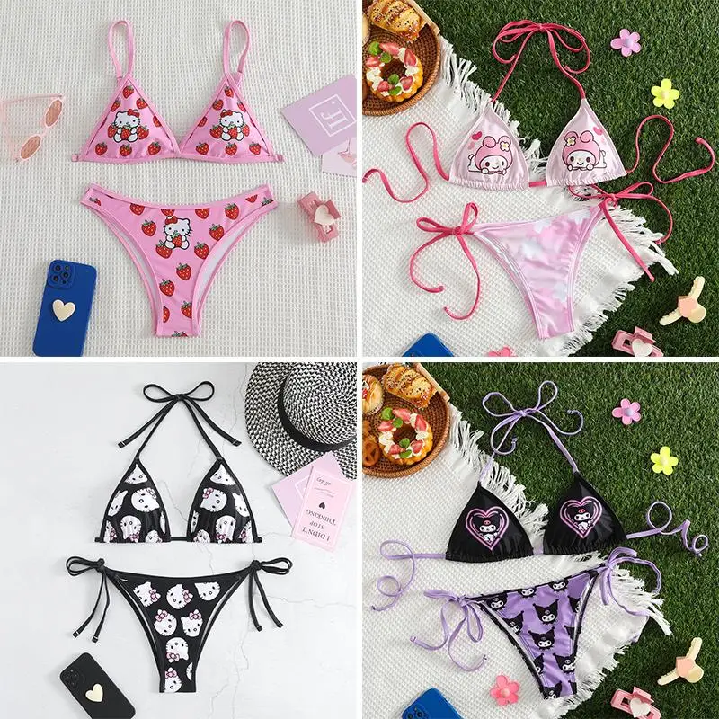 

Anime Sanrios Cartoon Hello Kitty Kuromi My Melody Bikini Kawaii Cute Small Chest Gathering Seaside Holiday Split Suspenders Set