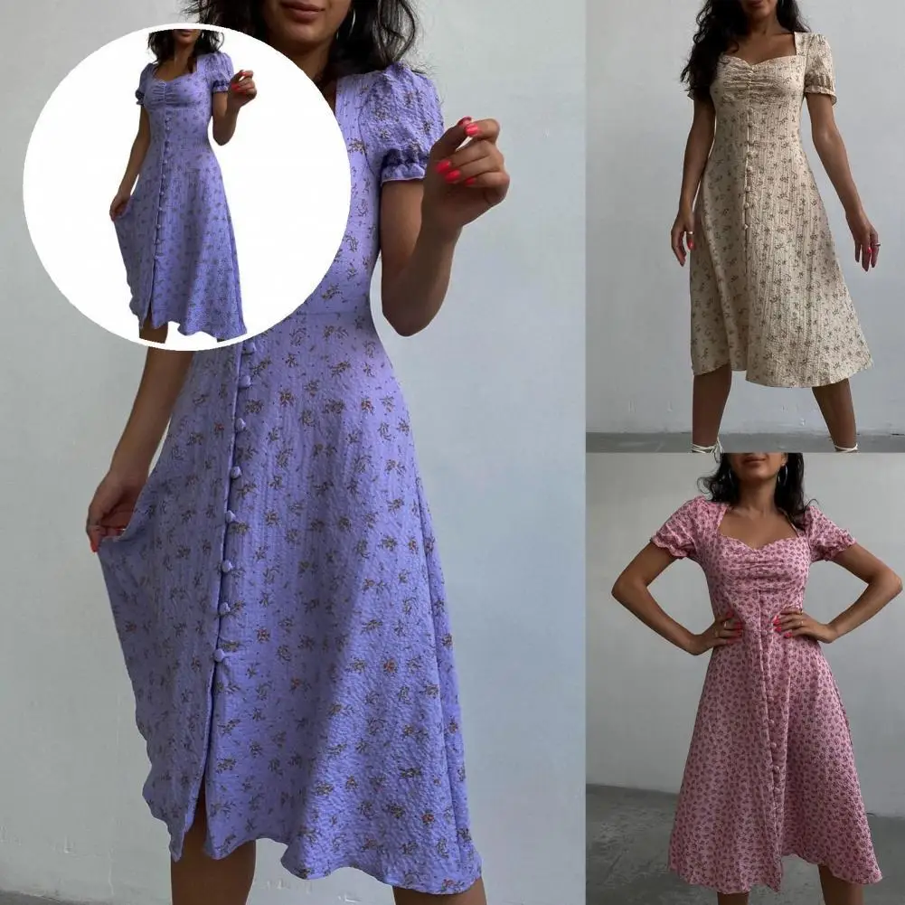 

Stylish Ladies Dress Floral Print Female Dress Vintage Slim-fitting Dress