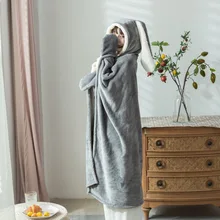 따뜻한 토끼 귀 두꺼운 후드 망토 담요, 피크닉 여행용 양털 착용 담요, 따뜻한 겨울