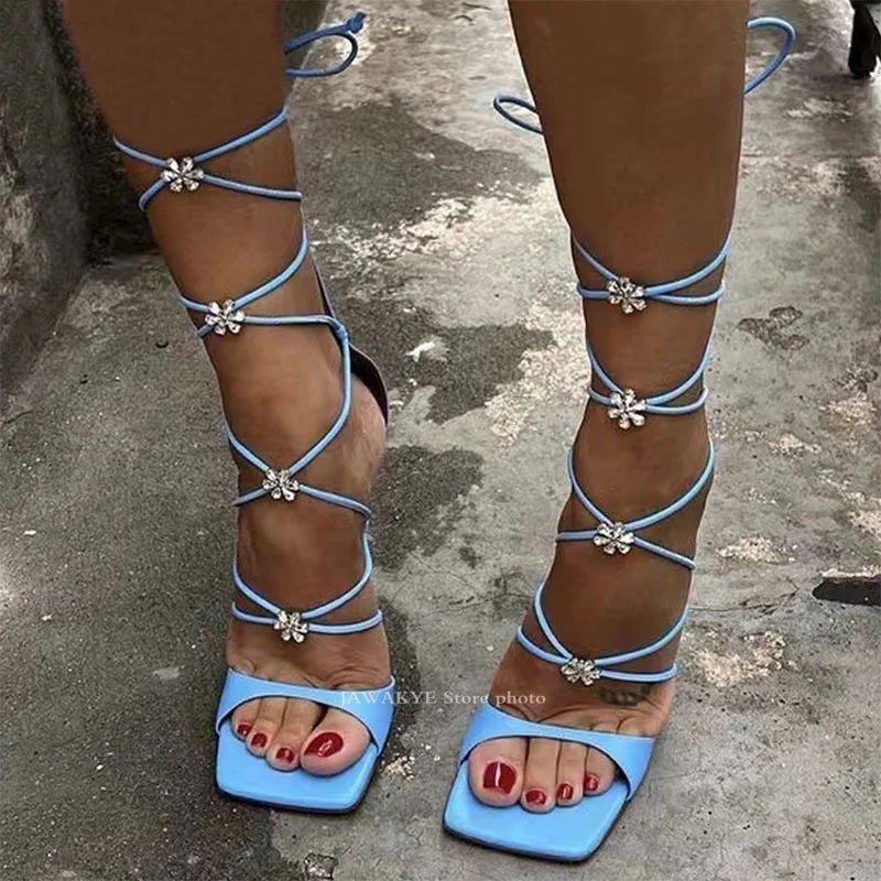 

Summer Calf Bandages Thin High Heel Sandals Woman Luxury Design Slim Fashion Weel Sexy Shoes Dress Evening Party Shoes feminine