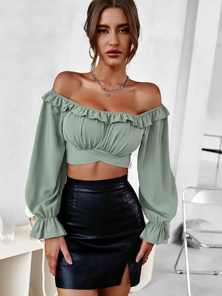 

Women Small Shirt Tops 2022 New Casual Solid Color Slash Neck Ruffled Long Sleeve Blouses For Fashion