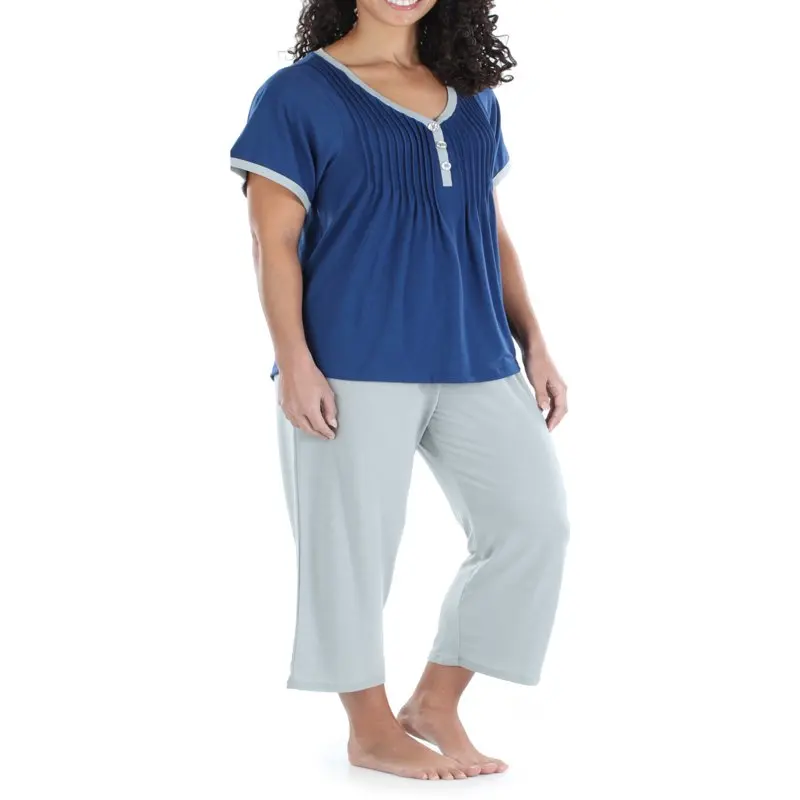 Women`s Stretchy Knit V-Neck Top and Capri Pant Pajama Set