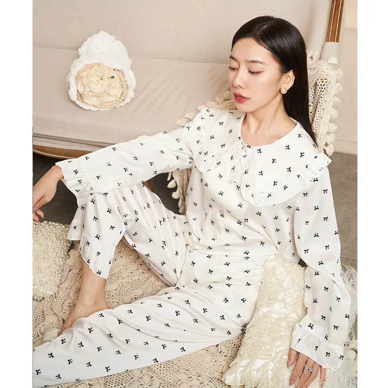 2023 New Arrival Spring and Autumn Lotus Leaf Collar Small Bowknot Ice Silk Pajamas Women's Long-Sleeved French Style Outerwear