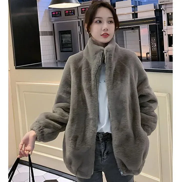 Faux Mink Fur Coat for Women Fall Winter 2022 St Up Collar fur Cotton Thickened Warm Lamb Plush Coat Basic Casual Clothes