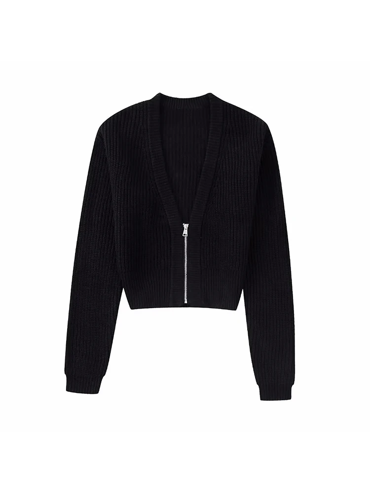 

Женское трикотажное пальто на молнии, повседневное однотонное короткое пальто с V-образным вырезом и длинным рукавом, свободного покроя, в в...