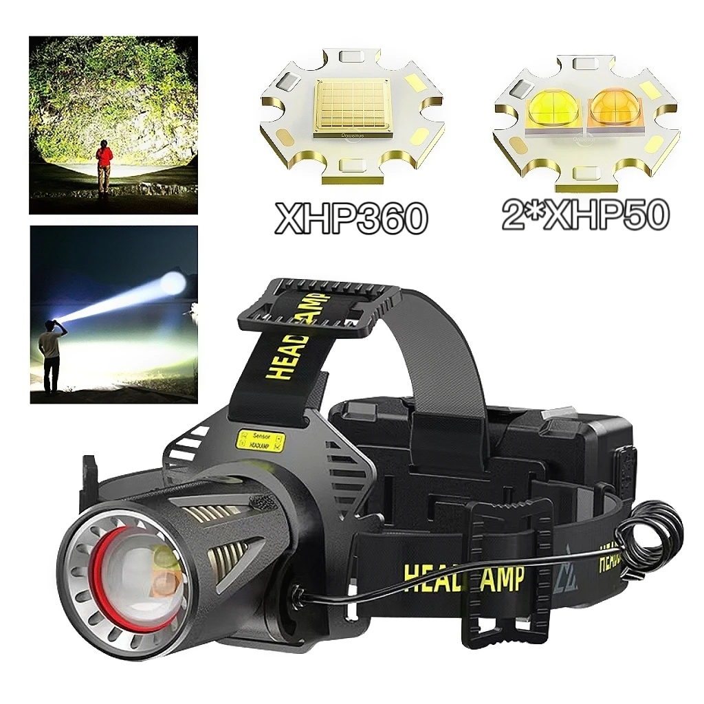 

XHP360 Powerful LED Headlamp High Power Fishing Headlight USB Rechargeable Head Torch Sensor XHP50 Double Wick 3 Modes Head Lamp