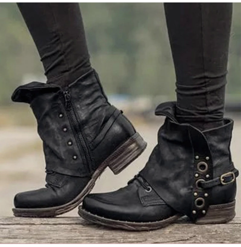 

Women's Ankle Boots Women Female Autumn and Winter Retro Low Heels Ladies PU Leather Shoes Vintage Zip Boots