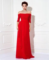 a line red evening party dress off shoulder half sleeve ruched long chiffon formal prom gown robe de soiree vestidos festa