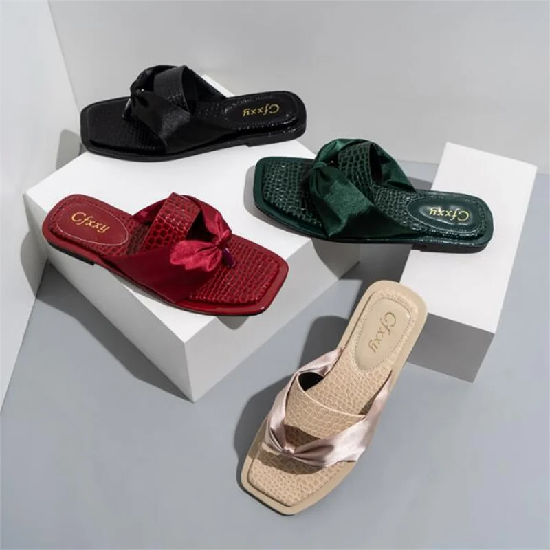 2022 Summer Women Slippers Silk Bow Outdoor Slippers Flats Open Toe Causal Sandals Comfortable Fashion Green Shoes Plus Size 42