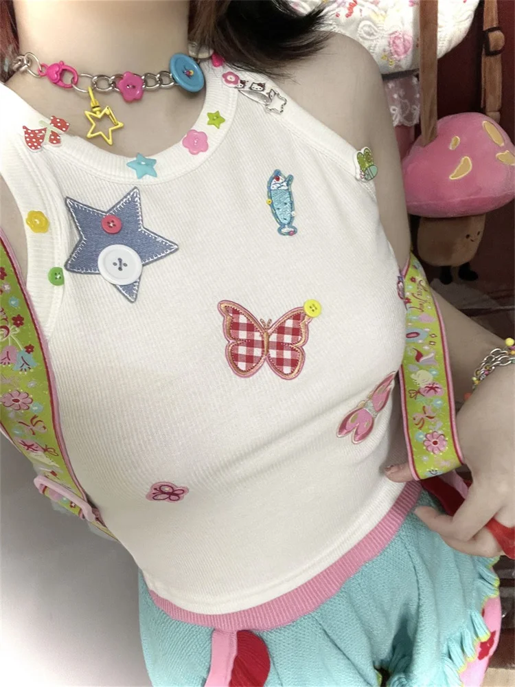 

Deeptown Japanese Y2K White Ribbed Tank Top Women Harajuku Kawaii Cute Egirl Off Shoulder Vest Female Korean Chic Sweet Camisole
