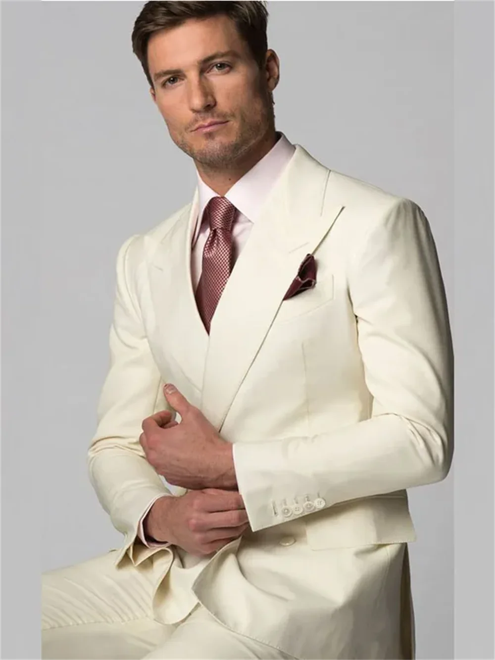 Мужской Двубортный Пиджак И Брюки Цвета Слоновой Кости Деловой Повседневный