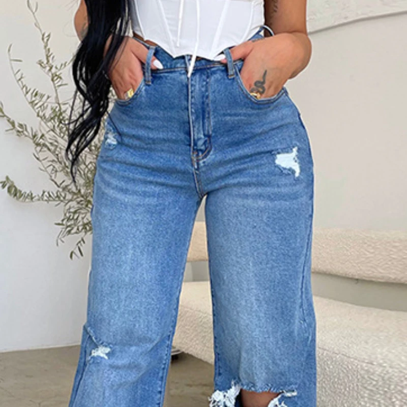 Women's Jeans High Waist Irregular Perforated Ragged Edge Wide Leg Pants Female Fashion Casual Pants Spring Trend Streetwear