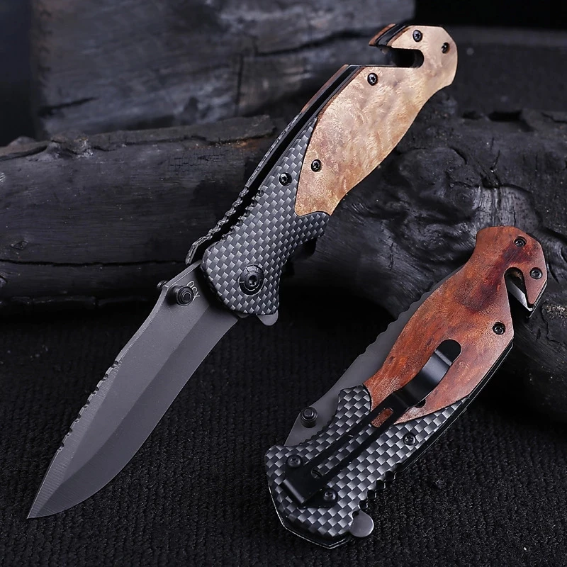 

X50 Pocket Tactical Folding Knife Titanium Wooden Handle Hunting Camping Military Self-Defense Utility EDC Tools Fruit Knives