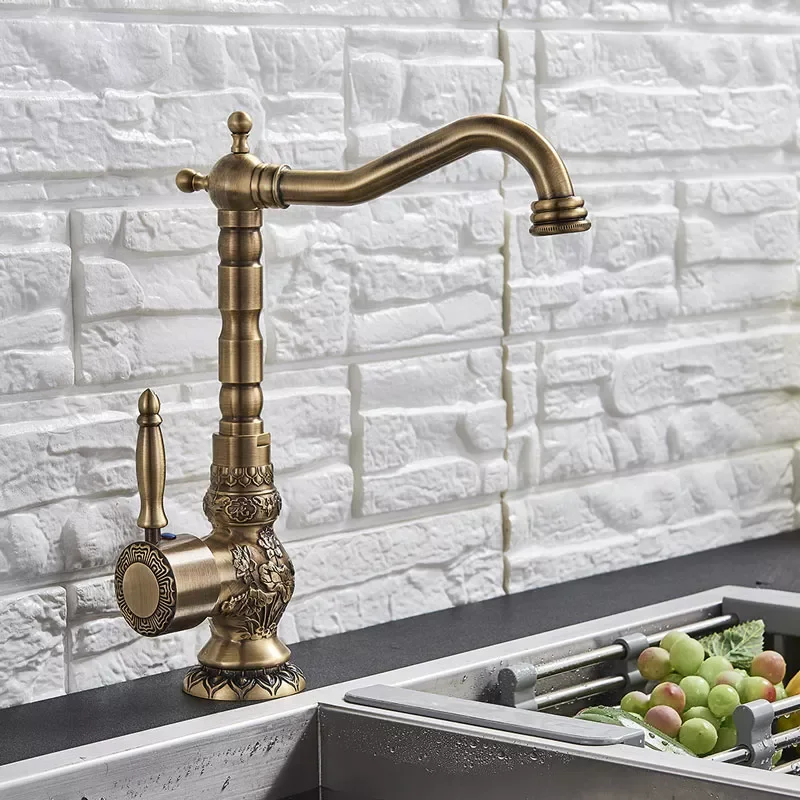 

Solid Brass Short Tall Antique Brass Polish Bathroom Faucet Sink Faucet Deck Mounted Mixer Tap Cold and Hot Water Europe Style