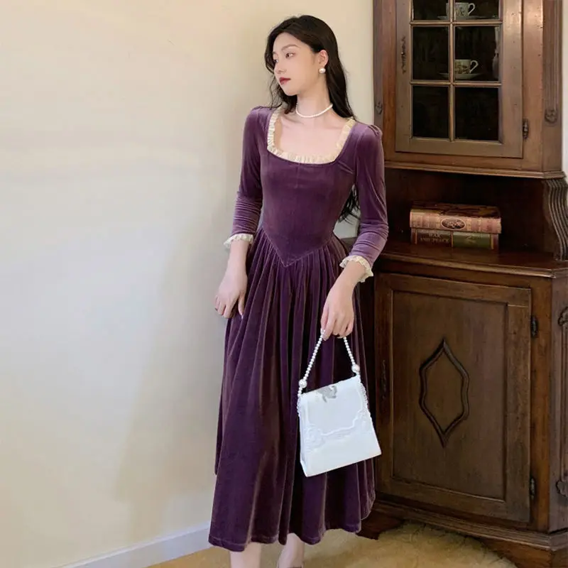 

Lace Square Collar Purple Velvet Dresses for Women Vintage High Waist Long Sleeve Maxi Dress Ladies Pleated Party Evening Dress
