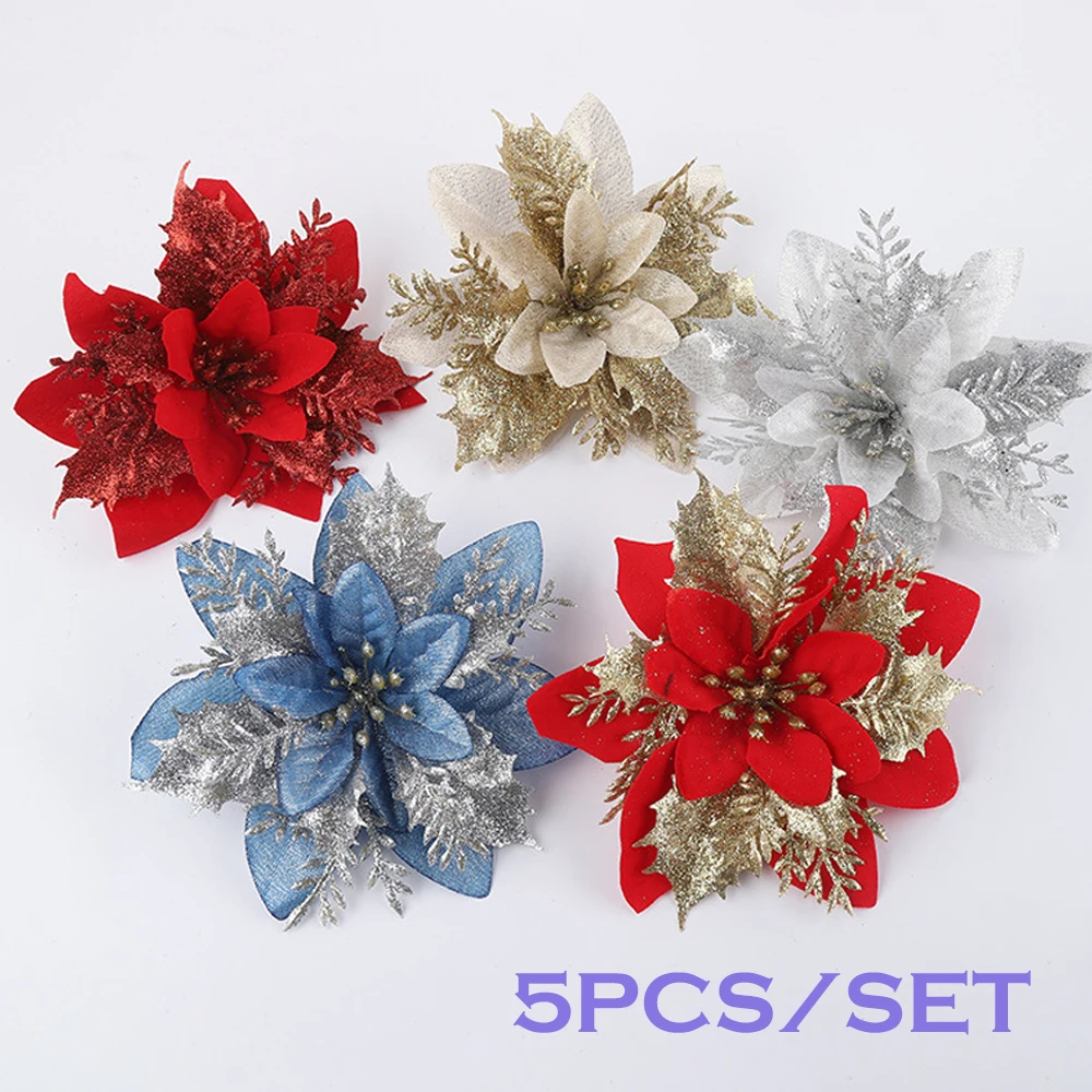 

1/5pcs 15cm Christmas Glitter Artificial Poinsettia Flowers Christmas Tree Wreath Decorations for Home Happy New Year Gift 2023