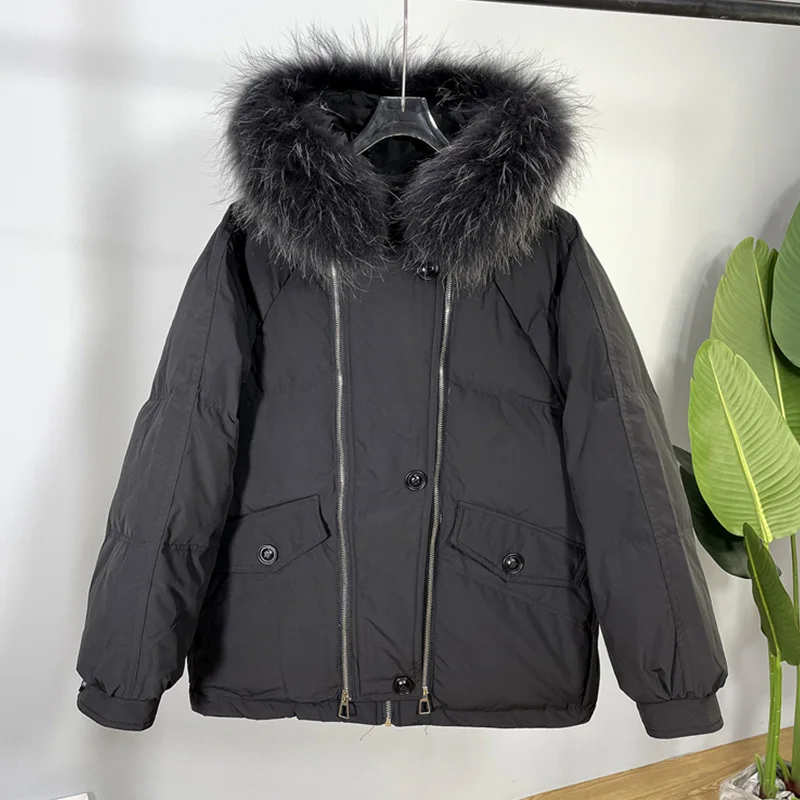 2022 Winter New Down Jacket Women's Short Korean Version Big Fur Collar Fashion Loose Thick Warm White Duck Down Coats Female