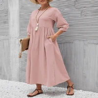 women cotton linen dress 2022 summer fashion stitching ladies skirts lantern sleeve loose pocket solid color dresses femel robe