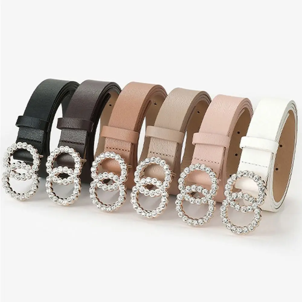 

New Fashion Belt Women Two Circle Diamond Decorate Buckle PU Leather Material Belt Female Casual Style Elegant Waist For Girls