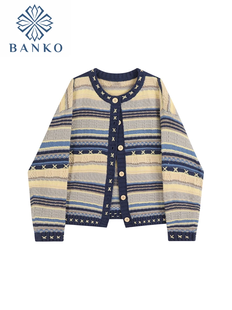 

Women Korean Chic Autumn Winter 2022 Striped Cardigan O-Neck Casual Sweater Female Vintage Baggy Knitted Jackets Cardigans Mujer