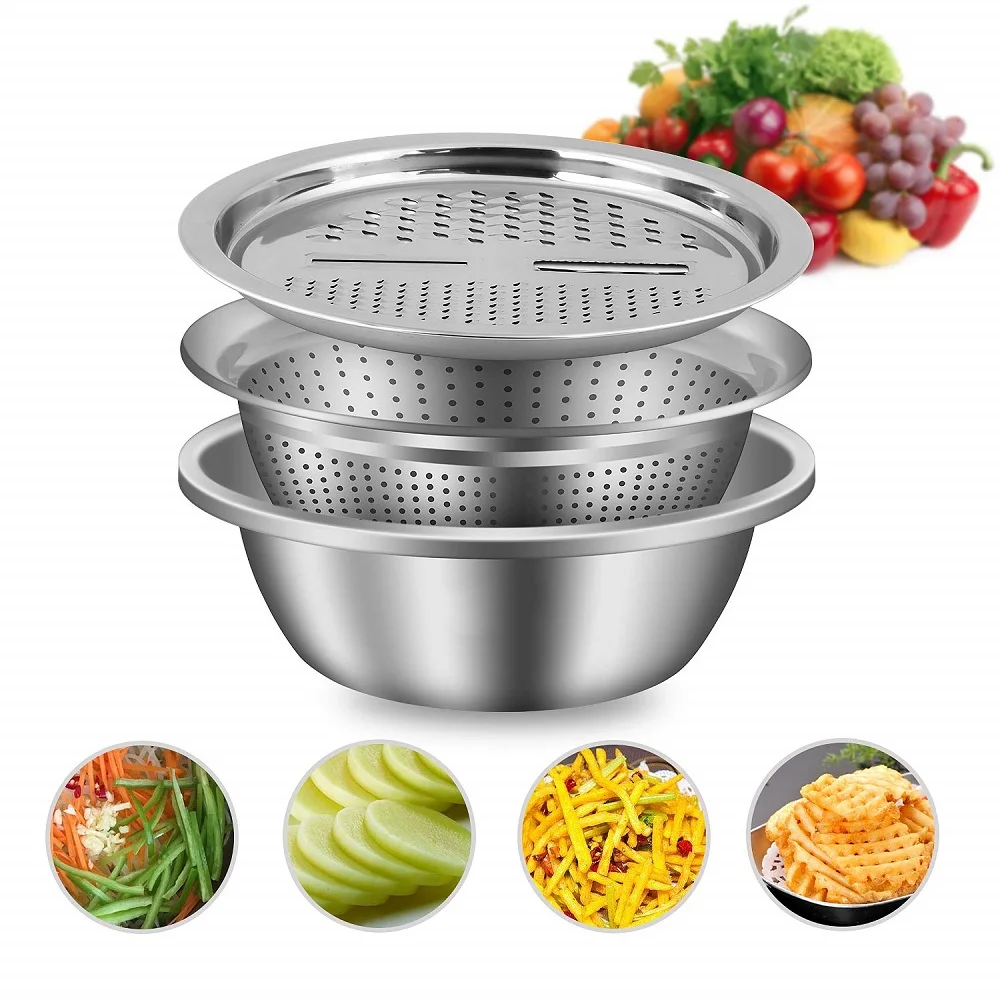 

3Pcs Multifunctional Stainless Steel Kitchen Graters Vegetable Slicer Vegetable Cutter Drain Basket Set Drain Basin for Fruit