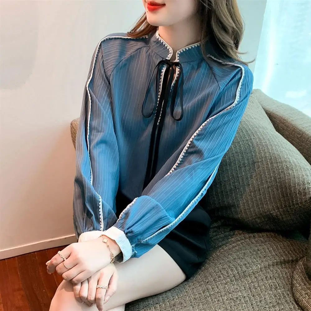 

Женская шифоновая блузка с длинным рукавом, приталенная блузка в винтажном стиле, весна-осень 2022