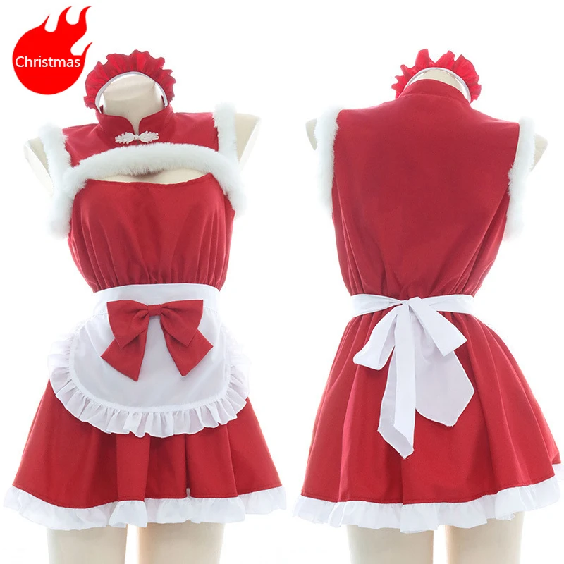 

Рождественский костюм, женский сексуальный наряд горничной, красное пушистое платье, Милая Пижама, одежда горничной, подарок, рождественск...