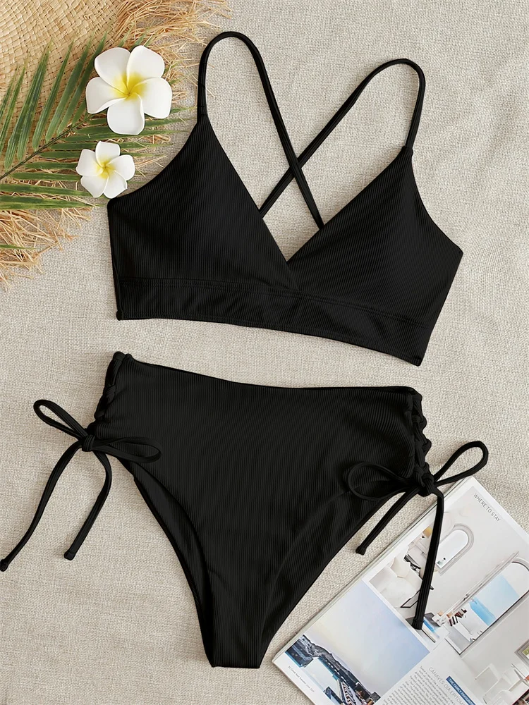 

Sexy Bikini Women Swimsuit 2023 New Black Lace Up Ribbed Swimwear High Waist Bikinis Set Summer Beach Bathing Suit For Female XL