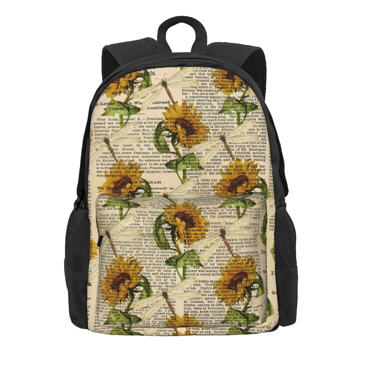

Sunflower Dragonflies Backpack Old Newspaper Unisex Polyester Daily Backpacks Lightweight Novelty High School Bags Rucksack