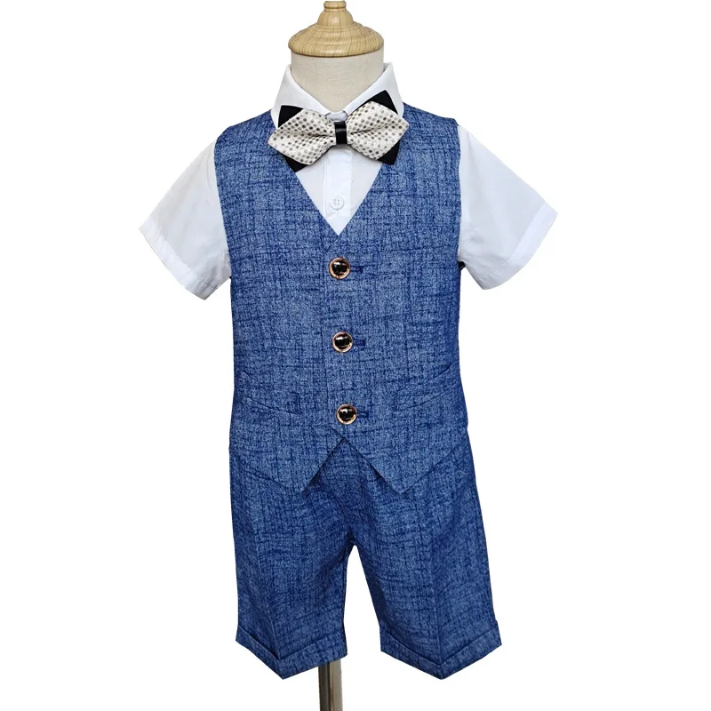 

Summer Children's Formal Vest Suit Set Boy Performance Party Host Wedding Costume Kids Waistcoat Shirt Shorts Clothing Set