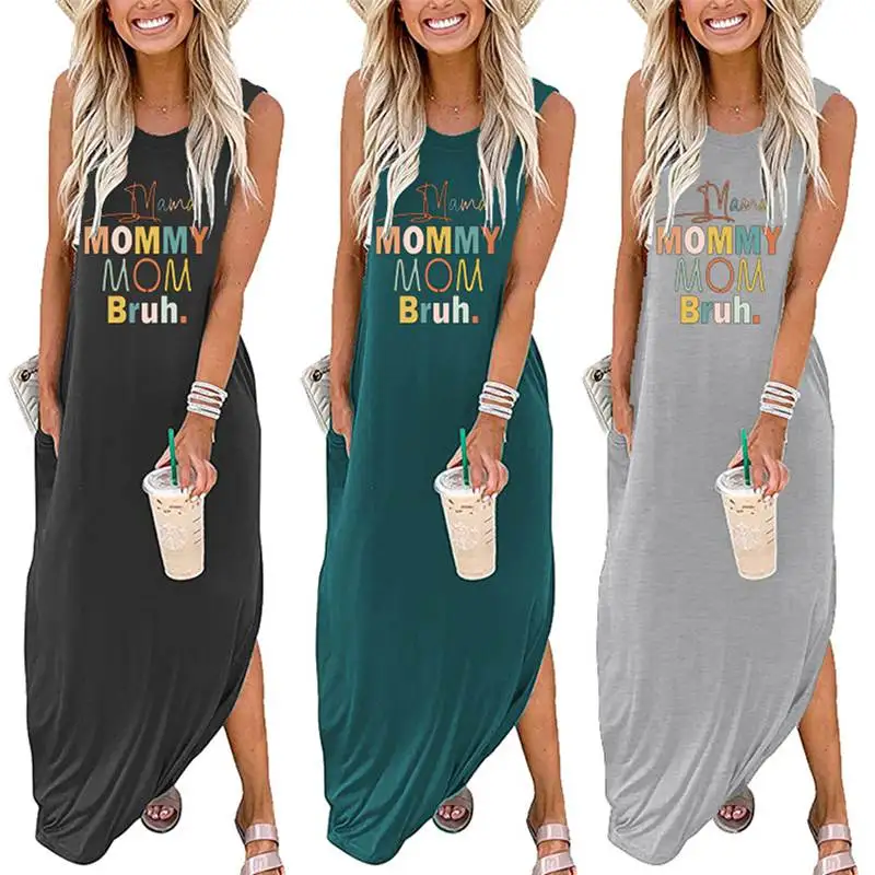 

new summer knitting fashion American and European women’s Mamamo mom retro round neck irregular dress