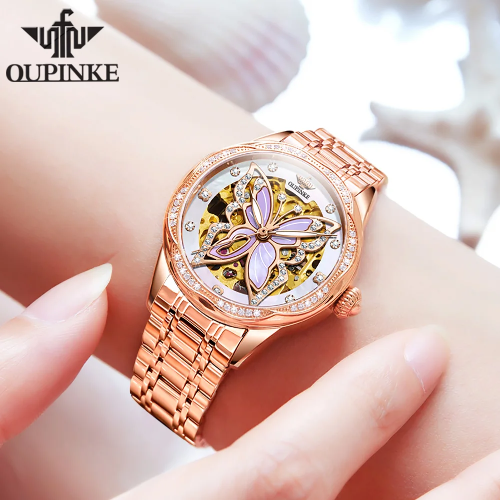 OUPINKE Automatic Mechanical Watches for Women Luxury Sapphire Mirror Rose Gold Stainless Steel Watchband Ladies Wristwatch 3239 enlarge