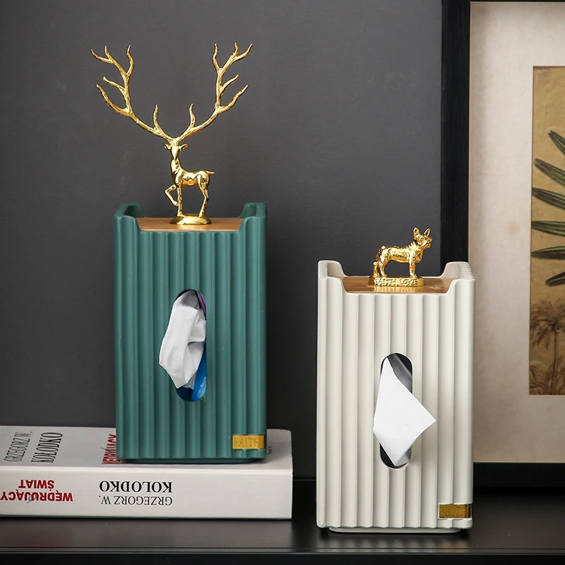 

Crafts Standing Canister Decor Room Rectangular Desktop Storage Box Living Home Deer Striped Tissue Resin Golden European Tissue