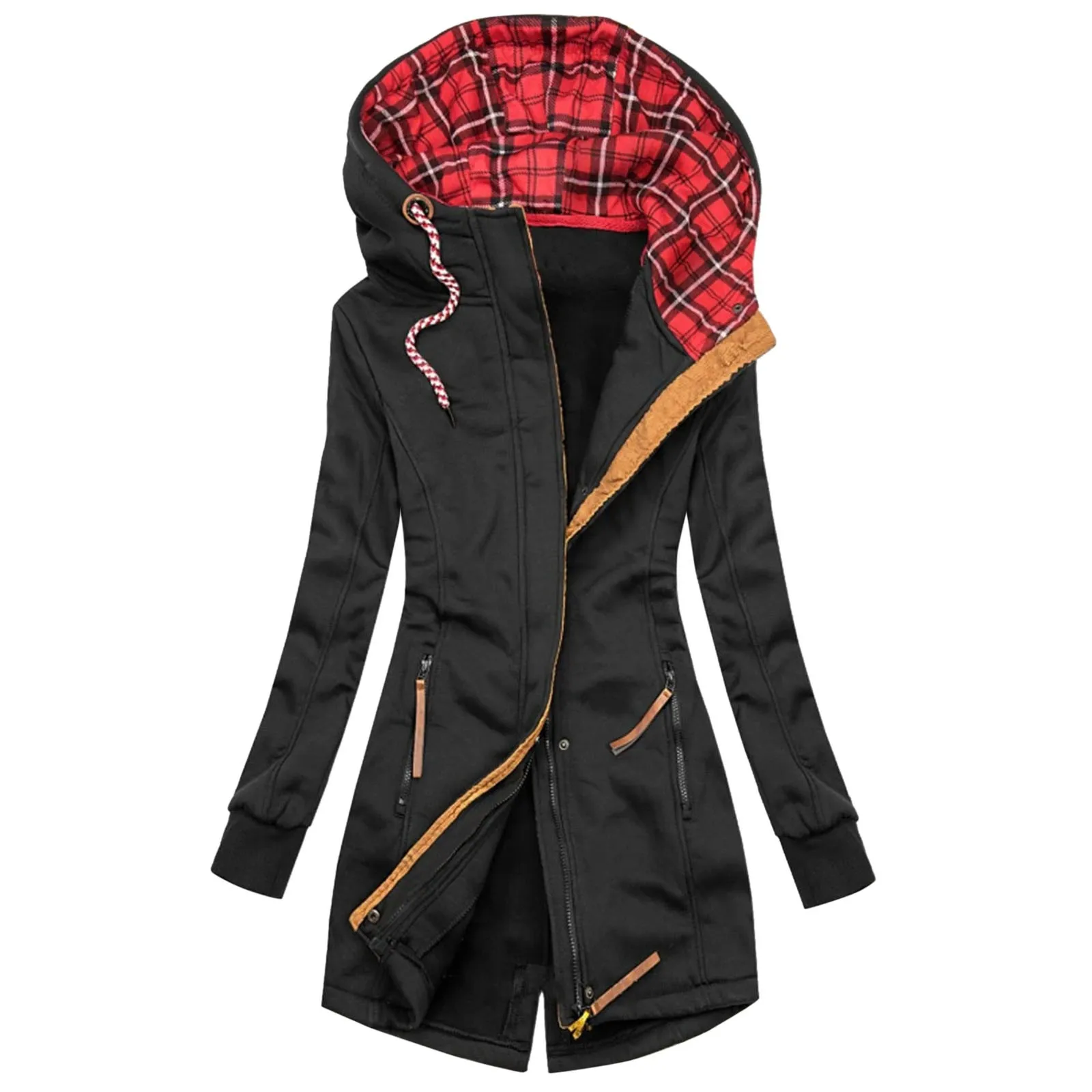 

Women Fashion Plaid Print Jacket Zipper Pocket Sweatshirt Long Sleeve Coat Tunic Hoodies Women