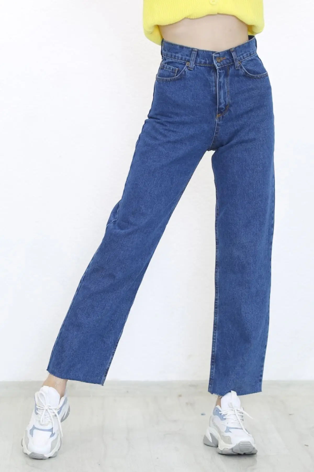

Women's Jean Cropped Leg Darkblue Full Length Straight Pant Streetwear Female Buttons Zipper Ladies