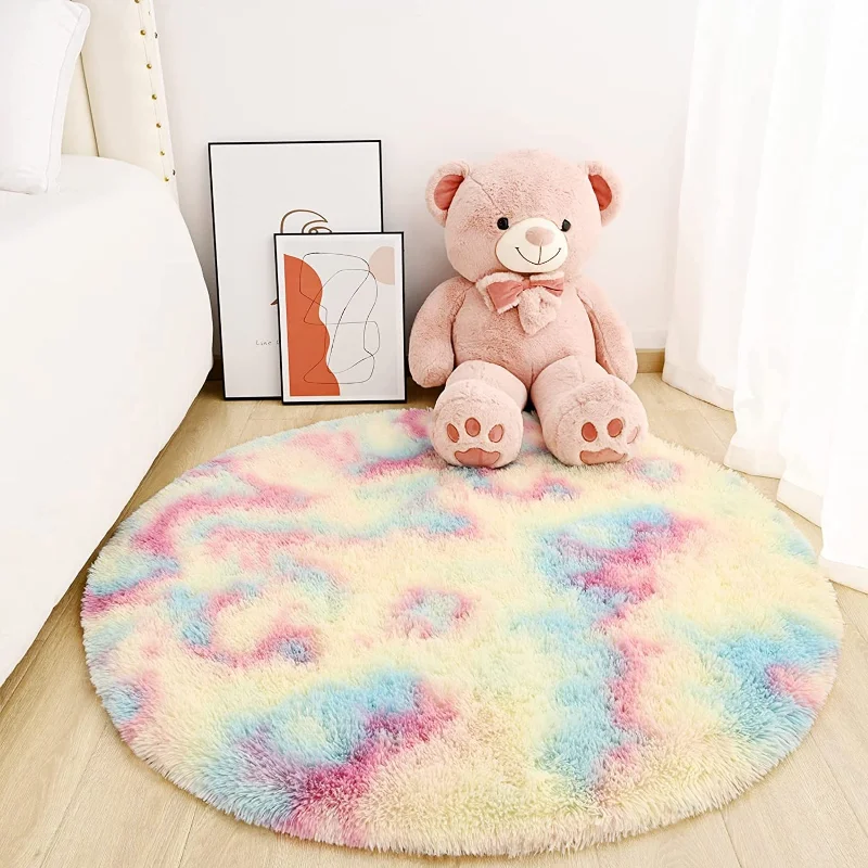 

Soft round rainbow carpet suitable for girls bedroom living room colorful fluffy area rug interior plush decoration home decor