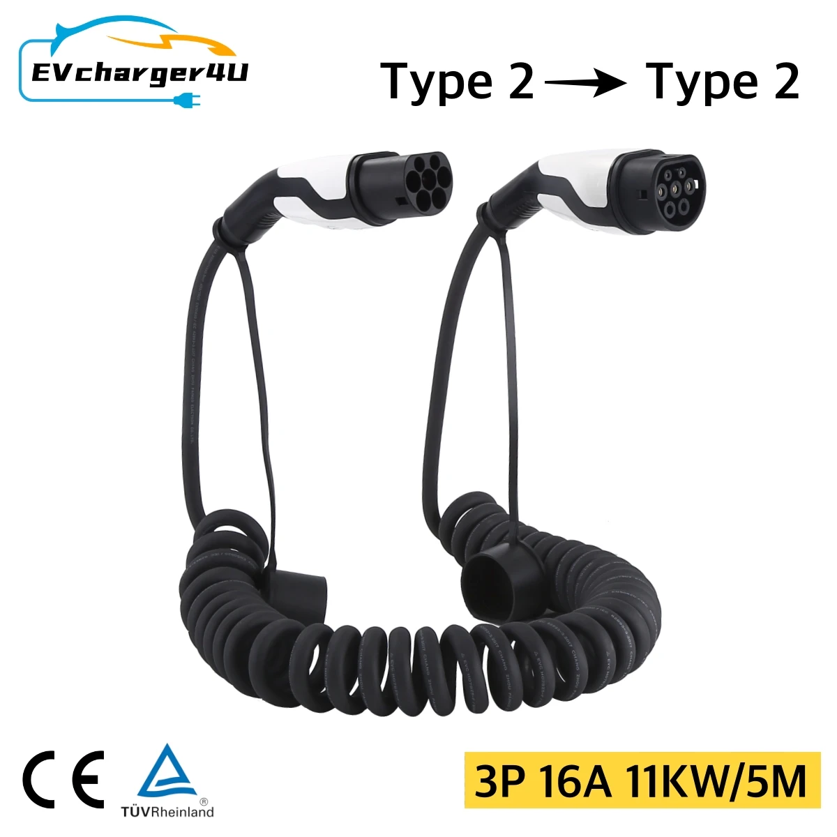 

EVcharger4U 5M Тип от 2 до Type2 Спиральный кабель для зарядки электромобилей 1P/3P 16A/32A Спиральный шнур 7 кВт/11 кВт/22 кВт для общественной розетки для зарядки переменного тока