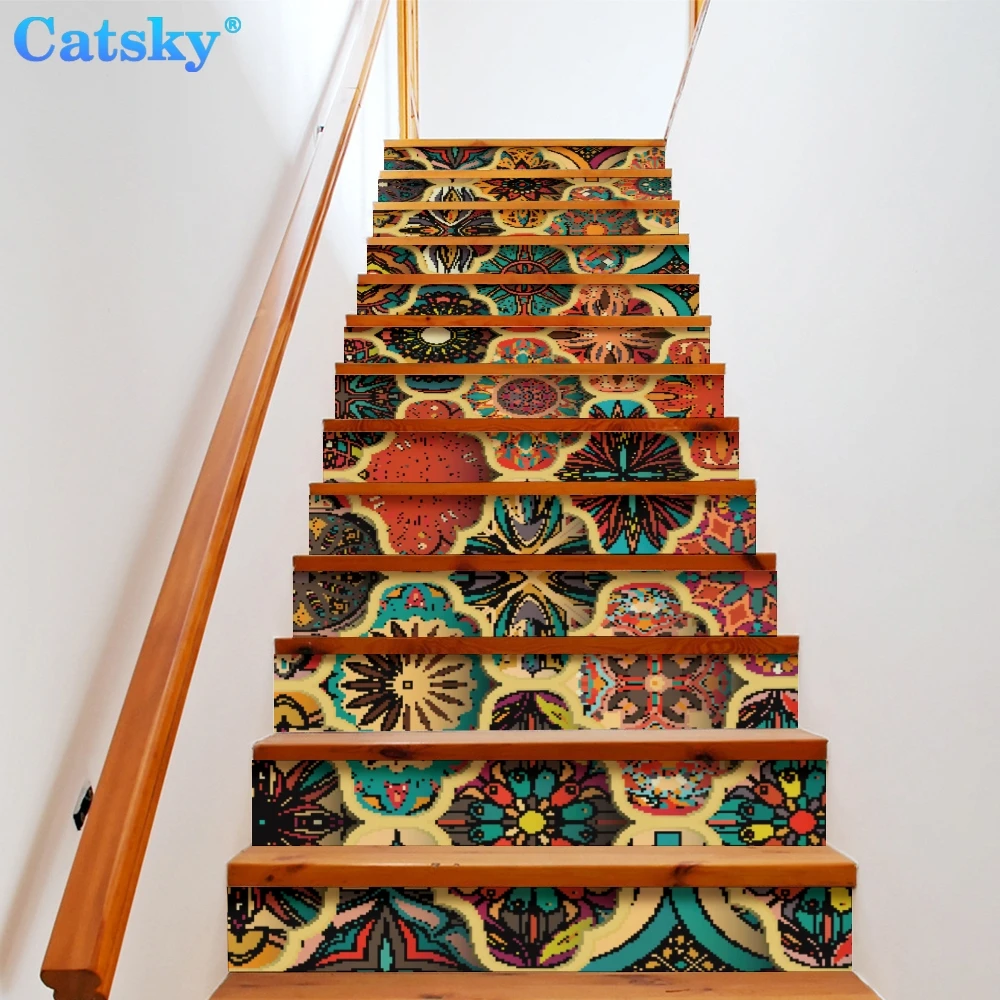 

Ethnic Style Printstyle,Mandala,6pcs 13pcs/Set Stair Floor Stickers Waterproof Removable Self Adhesive Diy Stairway Decals