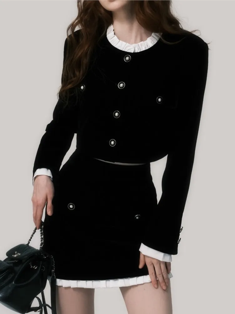 Элегантные черные бархатные комплекты из двух предметов с юбкой укороченный топ