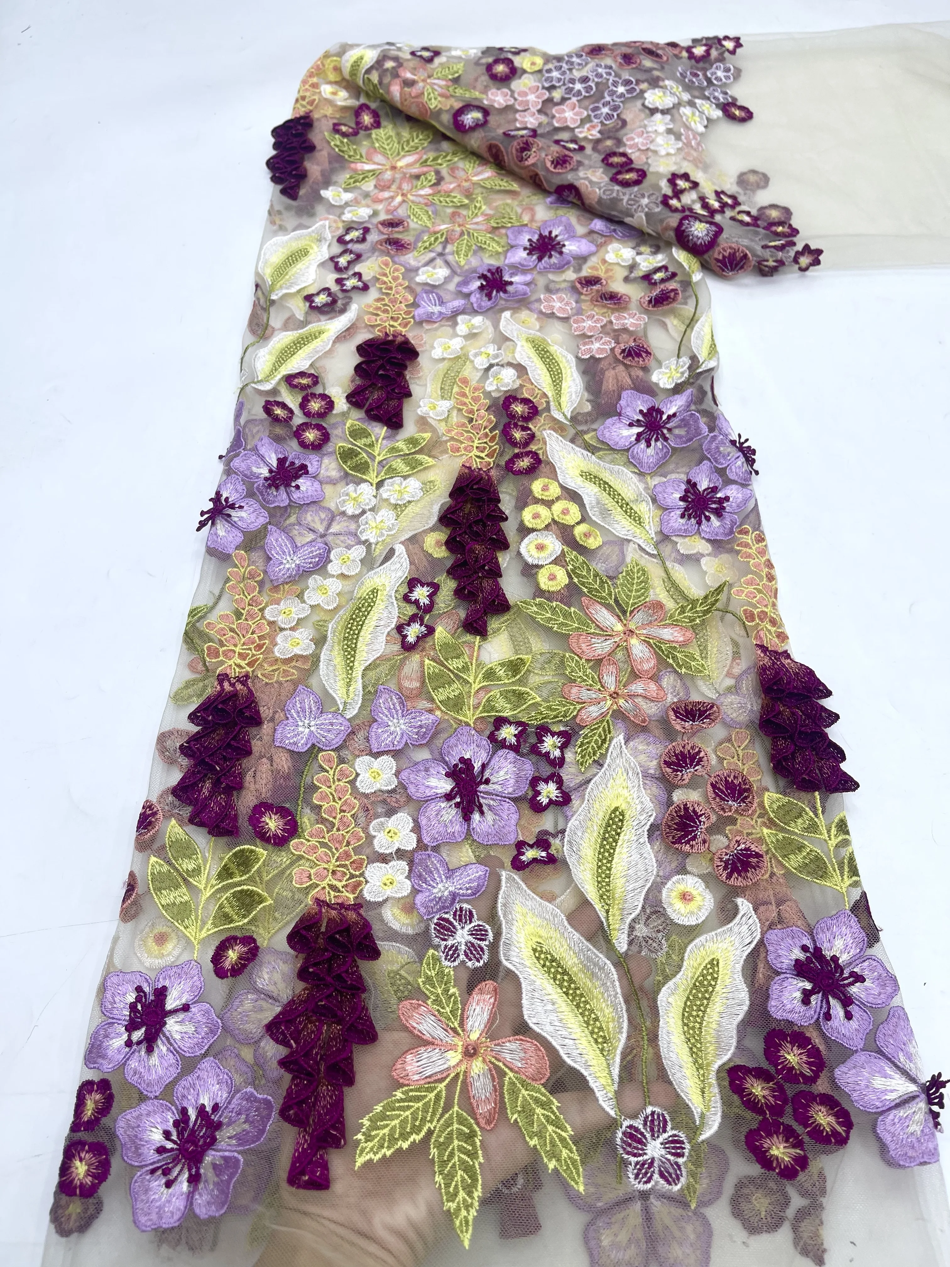 Черная французская Тюлевая кружевная ткань с 3D цветами 2024 высококачественное