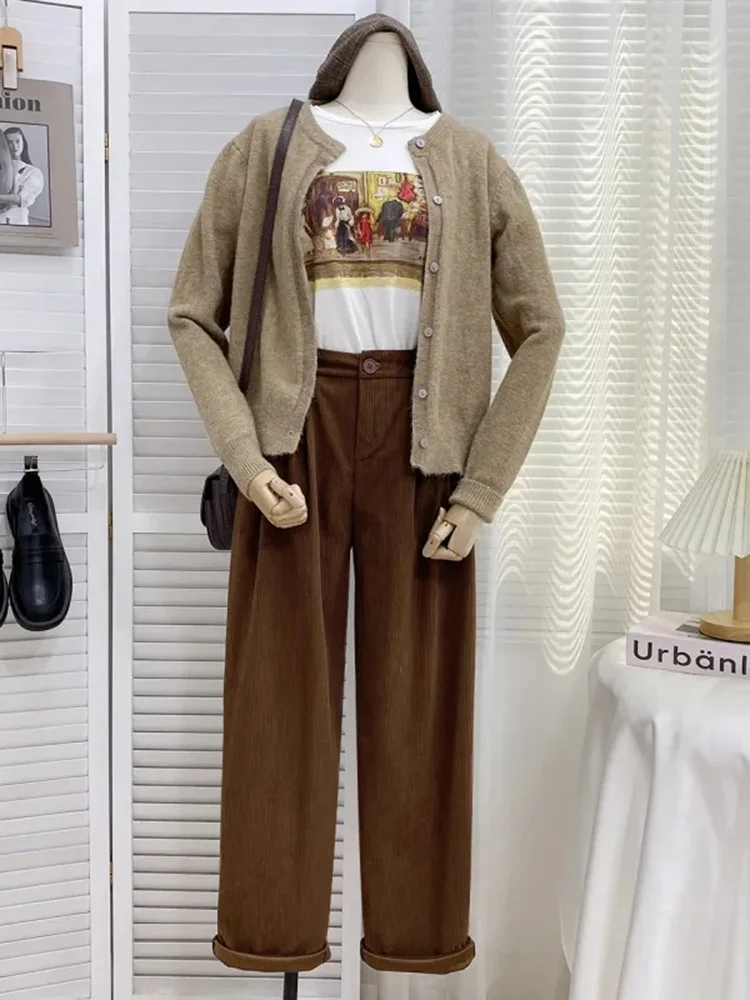 Casual Corduroy Wide Leg Pants Women Baggy High Waist New Straight Patalones Korean Basic Spodnie Spring Fall Trousers