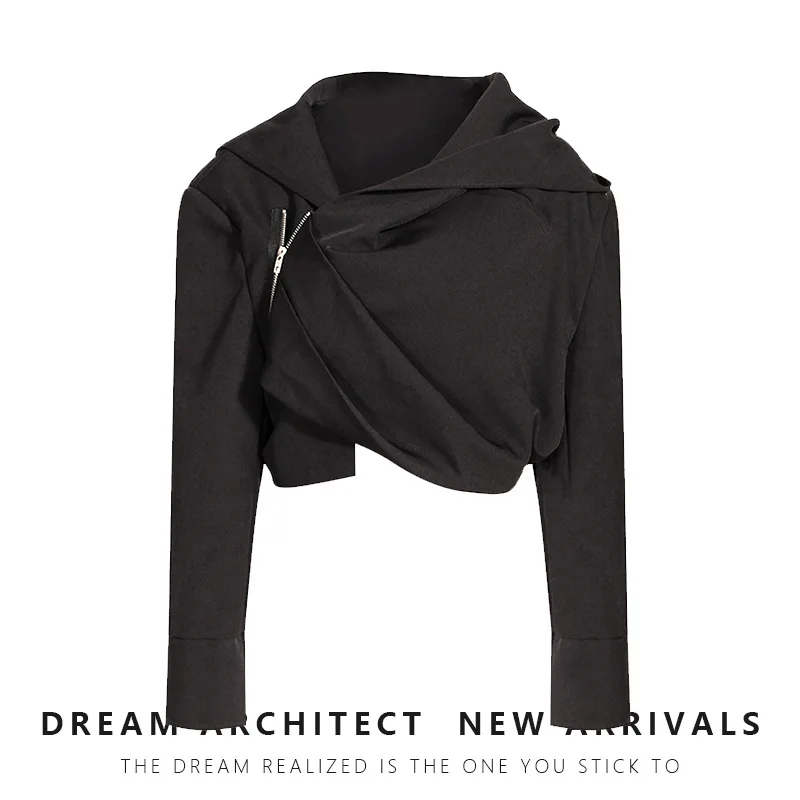 

SuperAen Korean Design Jacket Coat 2023 Autumn New Fashion Asymmetric Pleated Zipper Loose Short Jacket Women