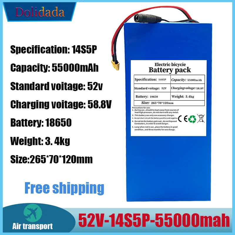 

52V 14S5P 55000mAh 18650 1500W lithium battery for balance car, electric bicycle, scooter, tricycle