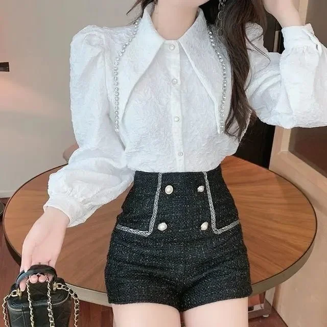 

Camisas Mujer Puff Sleeve Pointed Collar White Blouse Jacquar Diamond Temperament Shirts Korean Tunic Blusas Tops Femme