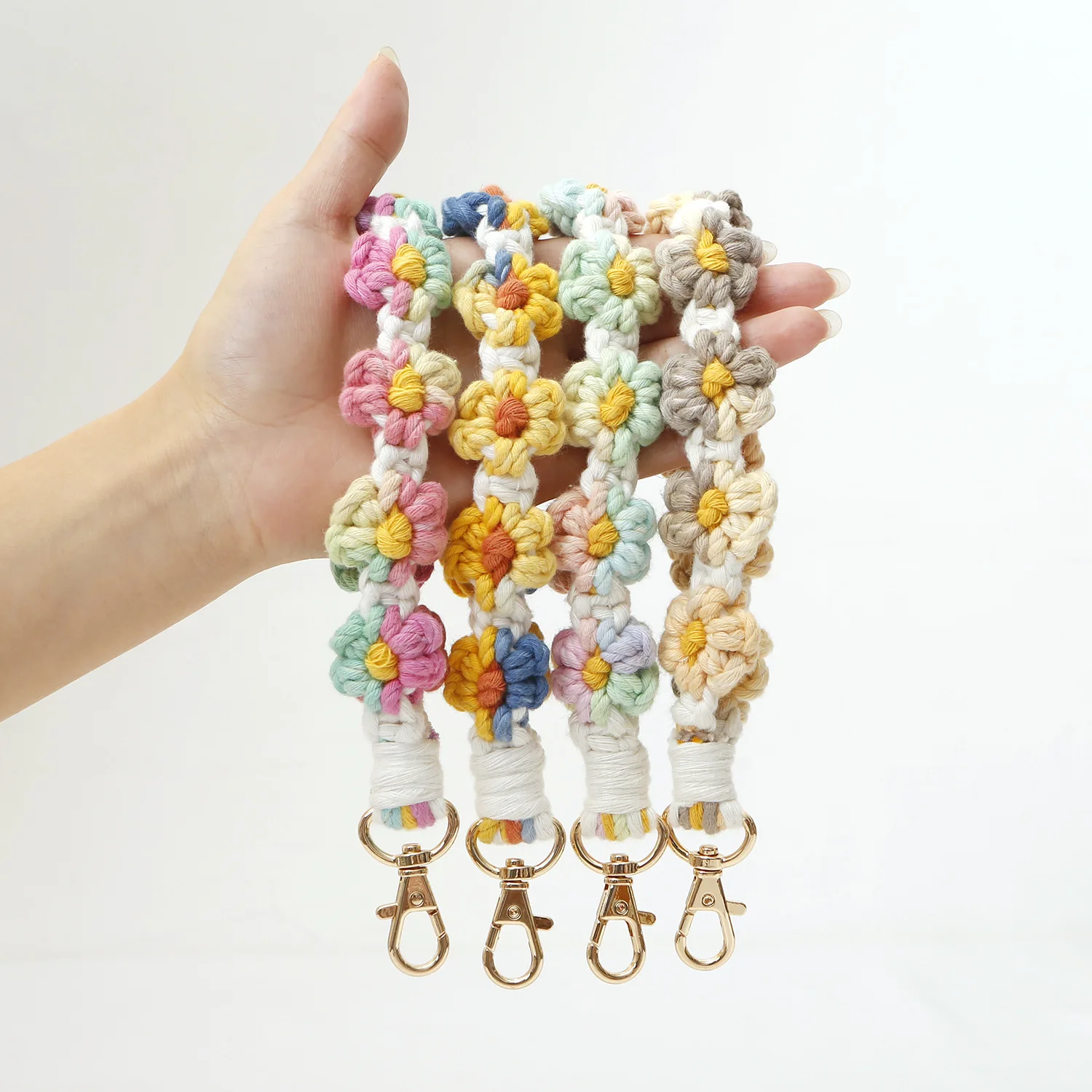 Daisy Flower Macrame Wristlet Keychain Boho Bohemian Key Fob Strap Wrist Lanyard Bracelet Keyring Purse Backpack Charm Crochet