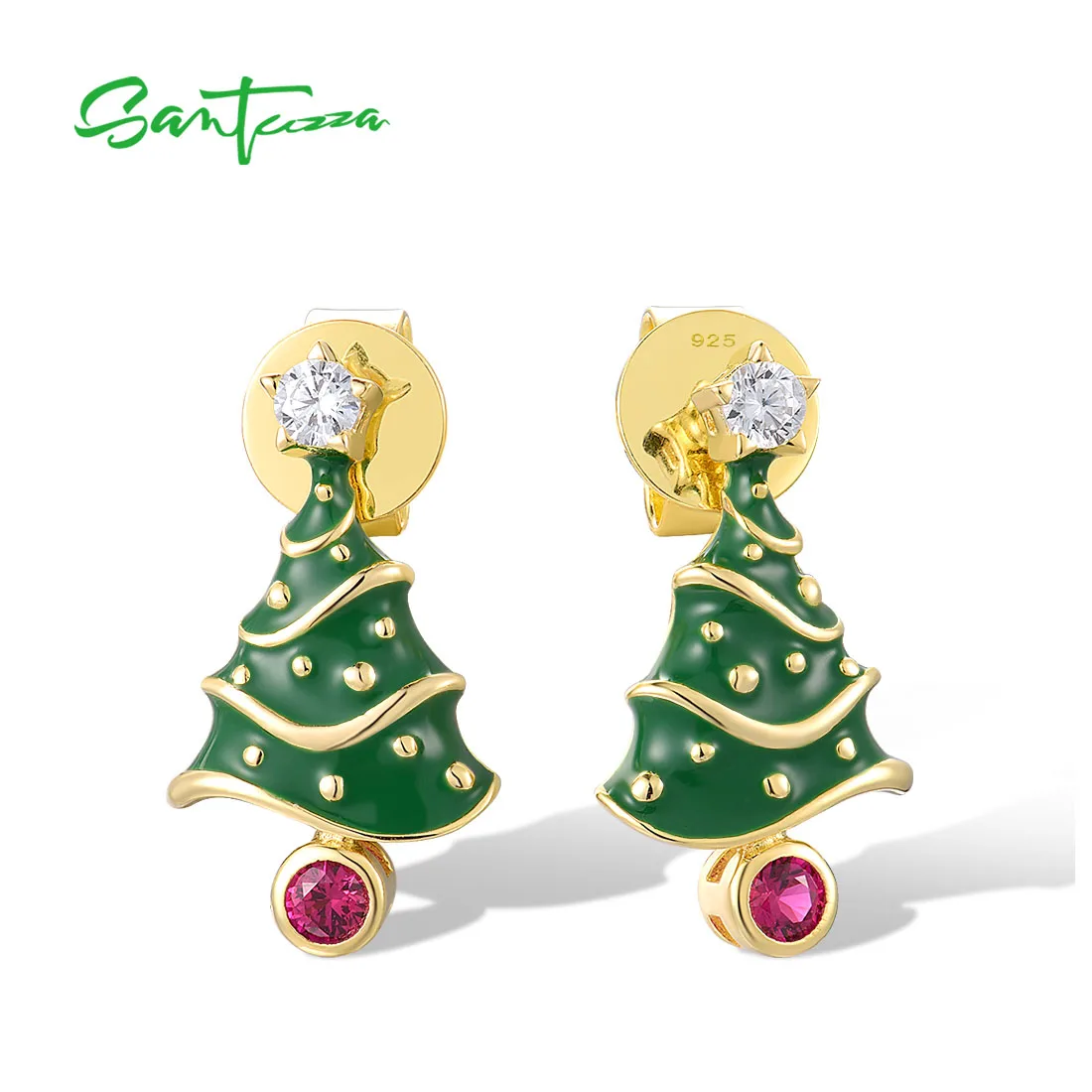 

SANTUZZA 925 Sterling Silver Earrings For Women Red Stones White CZ Christmas Tree Party Gifts Fine Cute Jewelry Handmade Enamel