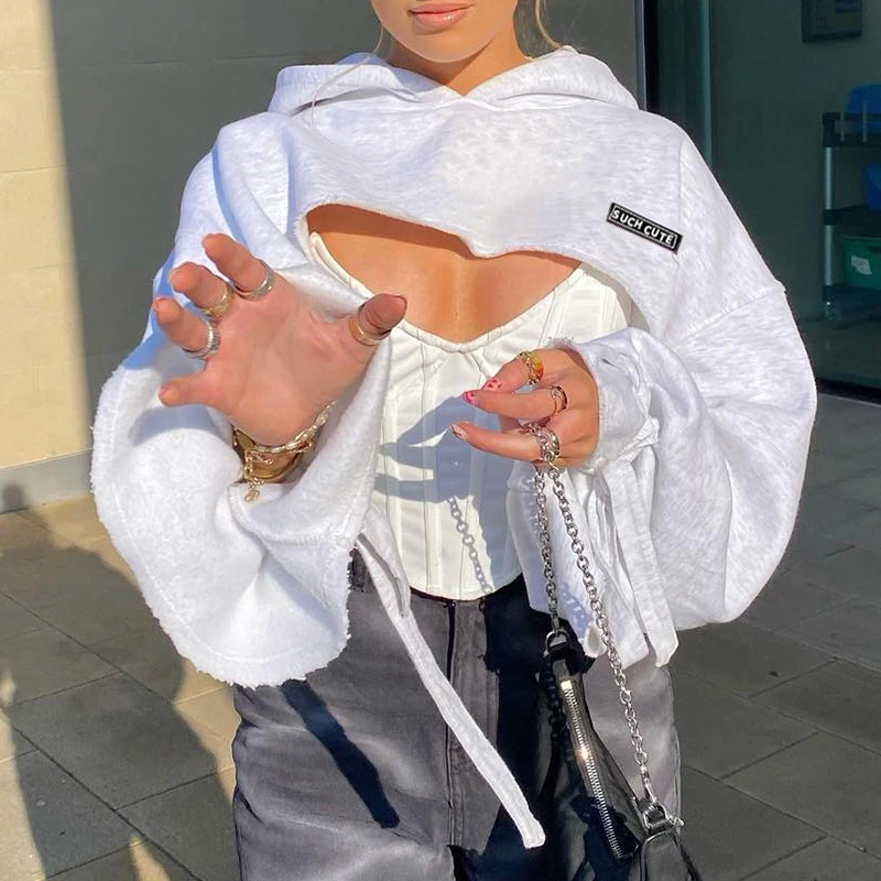 

Spring Autumn Fashion Loose Gothic Long Sleeve Women Casual Ultrashort Pullover Hoodies Outwear Girl Hooded Sweatshirt Y2k