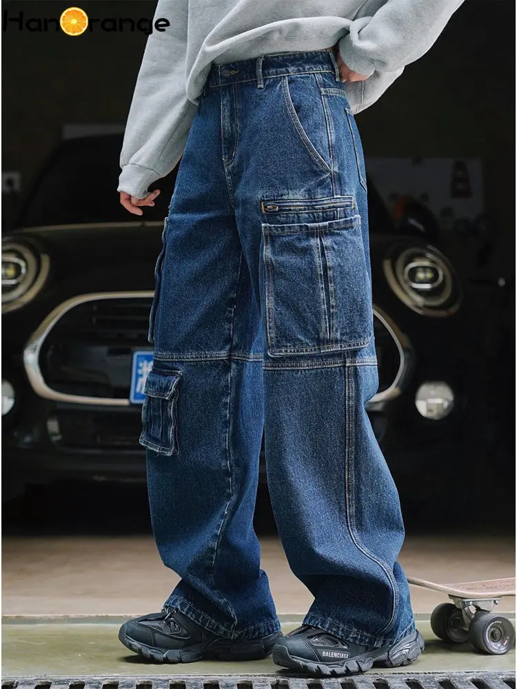 HanOrange 2022 Winter Cargo Cotton Denim Pants Low Waist Wide Leg Jeans Women Loose Fashion Pockets Trousers Female Blue